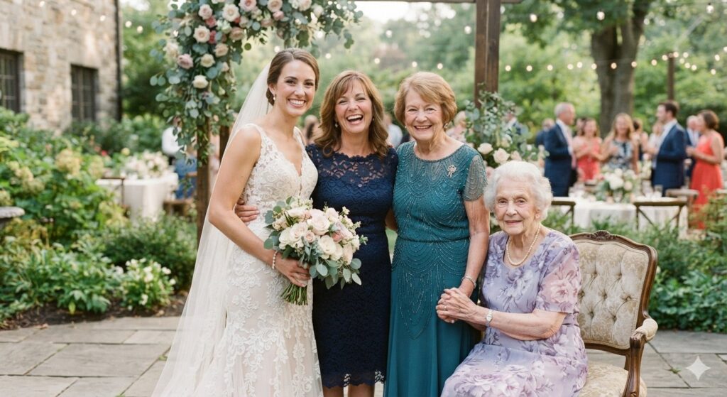 Four generations of women at a Huntsville, AL wedding, captured by documentary wedding photographer Honey & Haze Photography.